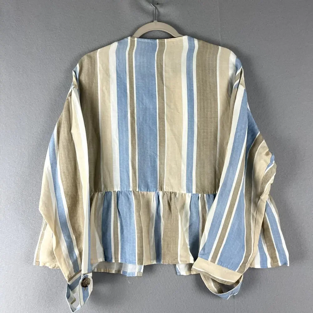 Zara Jacket Womens Large Striped Blue Linen BlendOpen Front Peplum Coastal NWT - Picture 11 of 16